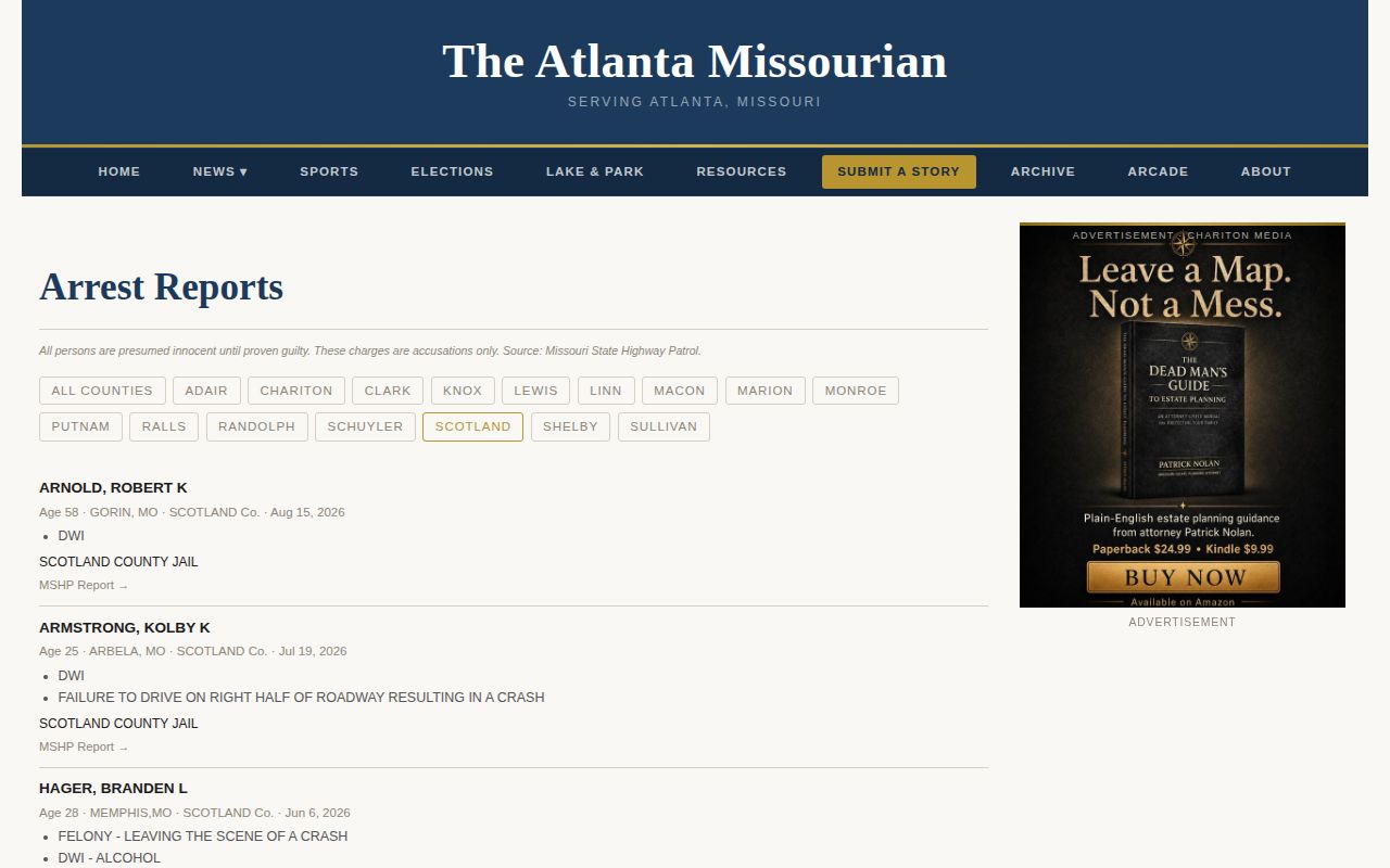 Atlanta Missourian multi-day Scotland County MSHP arrest report filter