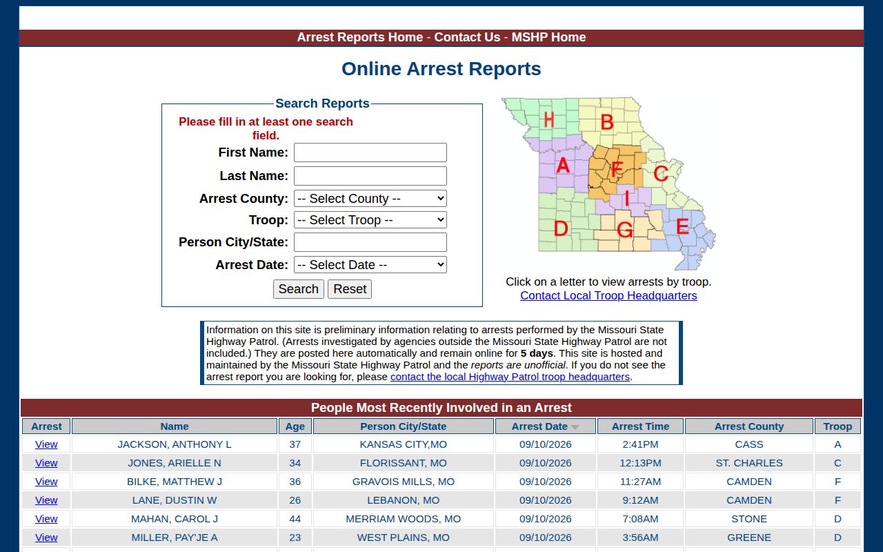 Missouri State Highway Patrol recent arrest reports search form