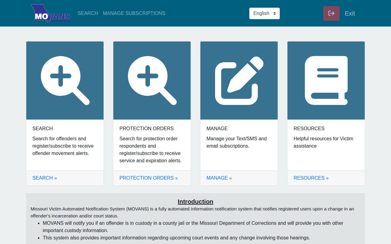 Current Missouri MOVANS custody search portal for local jail and DOC records