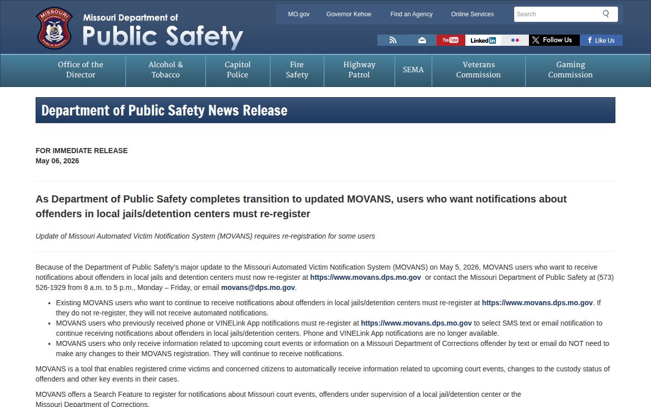 Official Missouri DPS May 2026 MOVANS transition notice