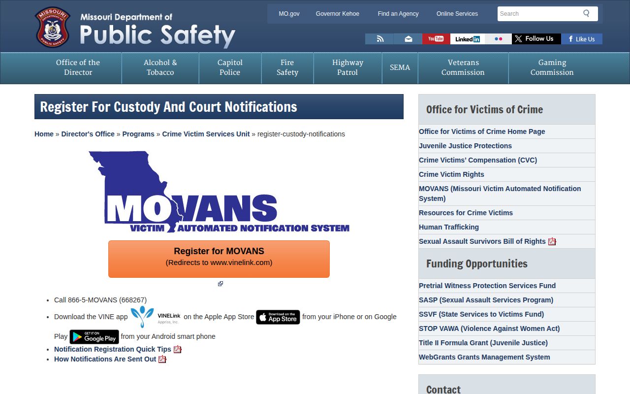 Missouri DPS MOVANS custody alert registration transition page