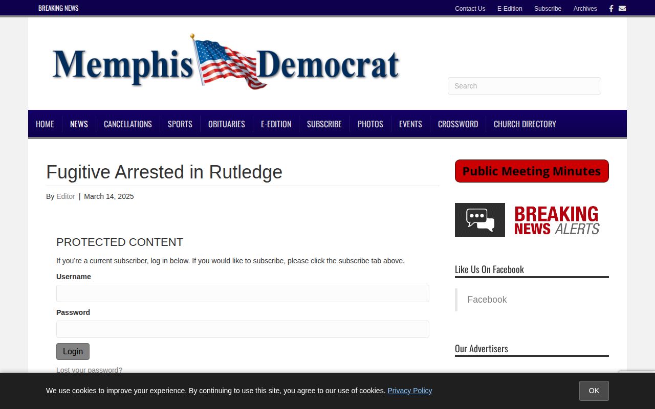 Memphis Democrat local news page about an arrest reported in Rutledge Missouri